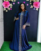 Hnewly African Design Dashiki Dress Silk Beading Abaya Bandage Maxi Bazin Vintage Long Sleeve Robe